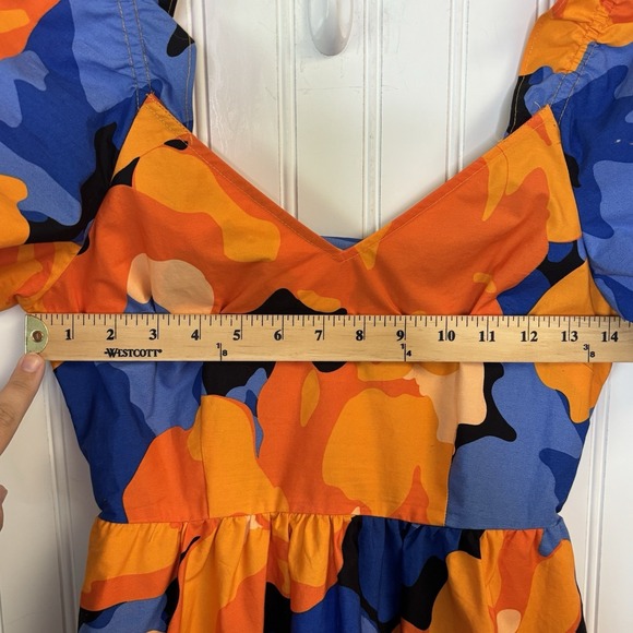 Tabitha Brown Dress 2  Midi Blue Orange Tropical Abstract Floral Pocket - Picture 8 of 11